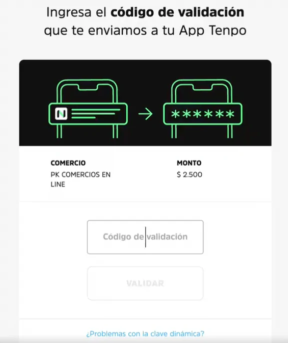 Ingreso del código de validación de Tenpo para confirmar la transacción Webpay en Pin-Up Casino